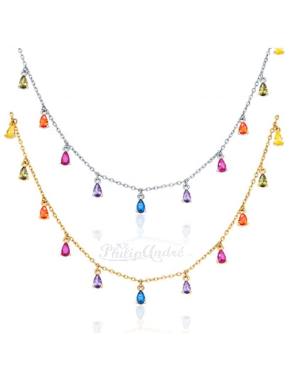 925 Sterling silver Rainbow Dangling Teardrop Necklace, 18k Gold Plated Necklace
